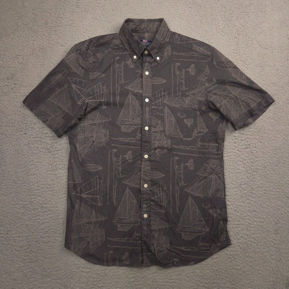 Vineyard Vines Mens Classic Fit Shirt S Black Sailboat Print Cotton Stretch